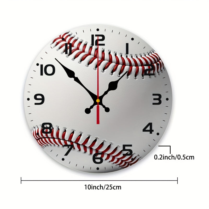 Baseball-Themed Silent Wall Clock with Mechanism - Red Seam Design, White Dial & Black/Red Baseball Texture - Battery- (AA Not Included) Sports Decor for Cave, Room, Game Room - Artificial Wood Panel, Yellow Second