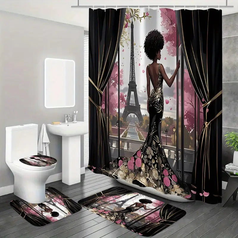 2D 1pc/4pcs Featuring The Eiffel Tower Design, Suitable for Apartment Bathrooms And Shower Rooms, Includes a Hotel Shower Curtain Set with 12 Hooks, a Bathroom Mat, a Toilet Seat Cover, And a U-Shaped Mat, All As Part of The
