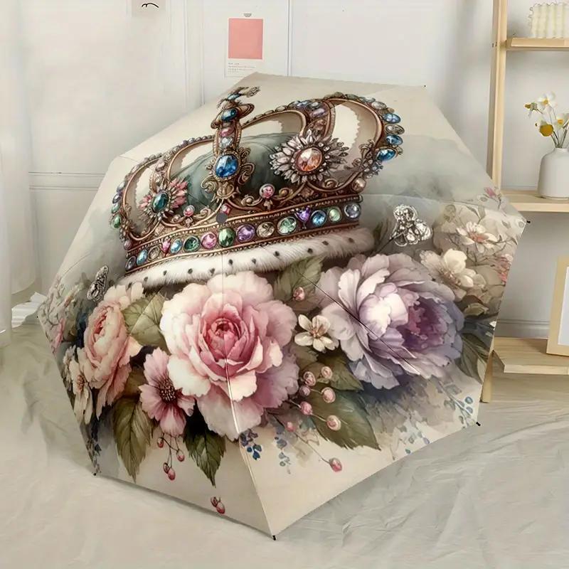 1pc Automatic Open/Close Umbrella with One-Touch Button, Compact Folding Canopy, Automatic  Umbrella with Umbrella Stand Compatible, Elegant Crown Floral Design (Pink/White/Blue/Golden) - Lightweight for Men & Women, 8-Rib St