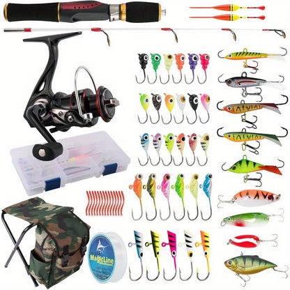 All-in-One Fishing Rod and Reel Combo with Backpack, Chair, Lures & Accessories - Spinning Reel Heavy-Duty Fishing Gear Set with Fast Action Tip, Medium-Light Power, Left-Hand Retrieve, Pre-Spooled Line & Color-Coded Lures fo