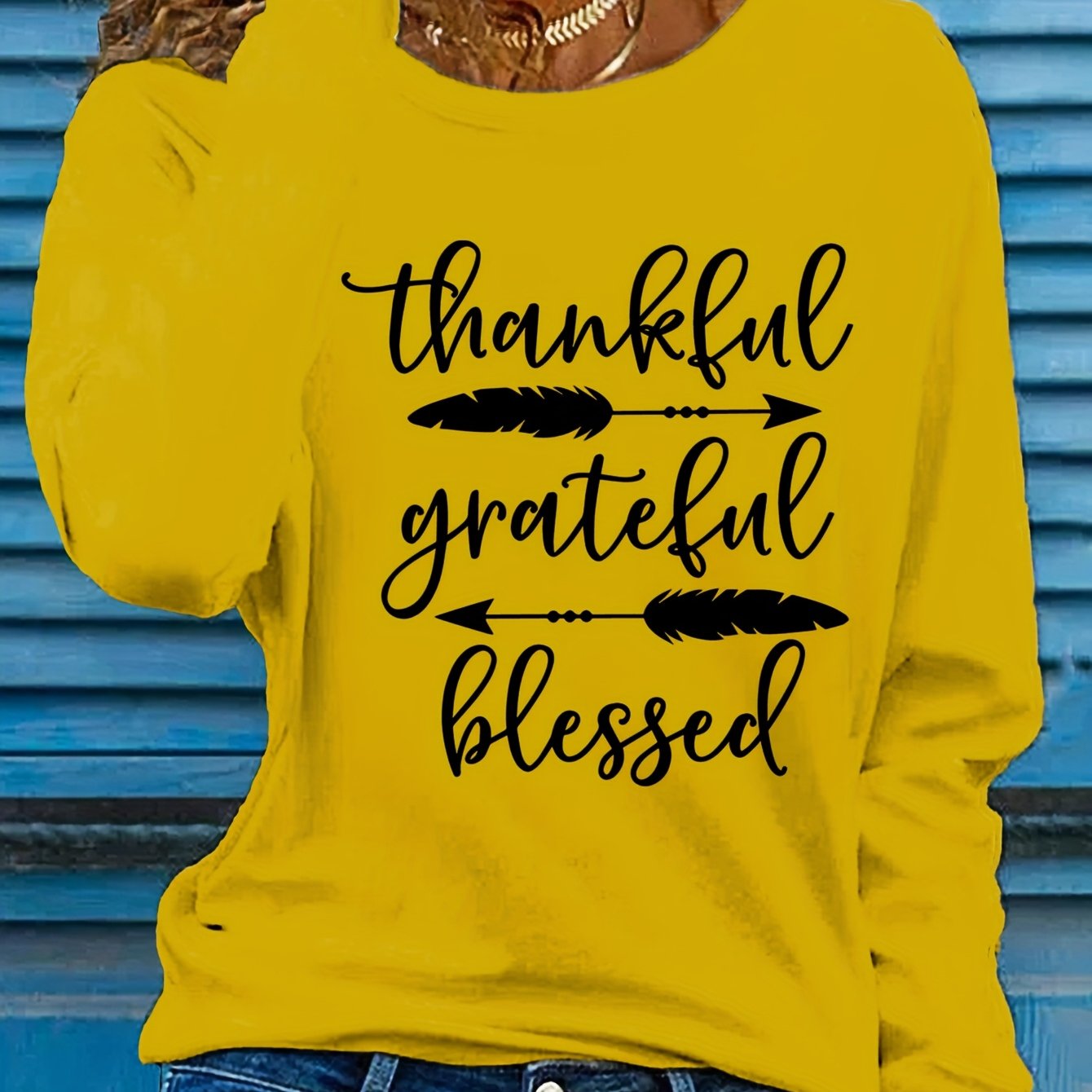 Women's Beige Thankful Grateful Blessed Print Long Sleeve T-Shirt - Loose Fit Round Neck Casual Top with Cursive Lettering & Accent, Soft Comfortable Fabric for Fall Winter Casual Attire, Thanksgiving Christian Apparel, Sprin