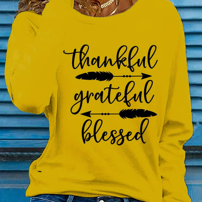 Women's Beige Thankful Grateful Blessed Print Long Sleeve T-Shirt - Loose Fit Round Neck Casual Top with Cursive Lettering & Accent, Soft Comfortable Fabric for Fall Winter Casual Attire, Thanksgiving Christian Apparel, Sprin