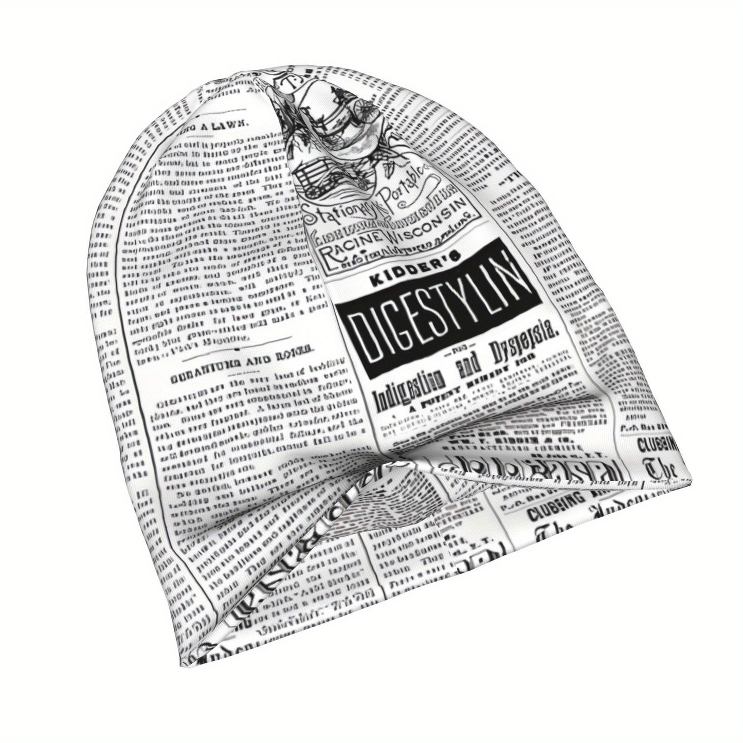 Vintage Newspaper Print Soft Knit Beanie Hat for Men & Women - Funky Style, Stretchy & Comfortable Ski Cap, Hand Washable, White with Black Text Design, Winter Hat
