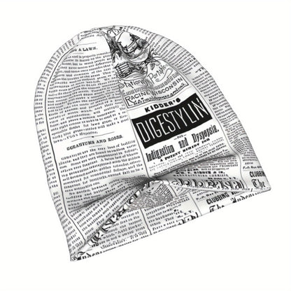 Vintage Newspaper Print Soft Knit Beanie Hat for Men & Women - Funky Style, Stretchy & Comfortable Ski Cap, Hand Washable, White with Black Text Design, Winter Hat