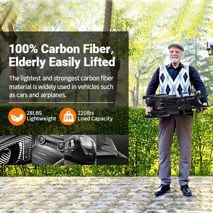100% Carbon Fiber Electric Wheelchair 28lbs Ultra-Light Foldable No Assembly Required Dual Batteries 28-Mile Range All-Terrain Capable And FAA Approved