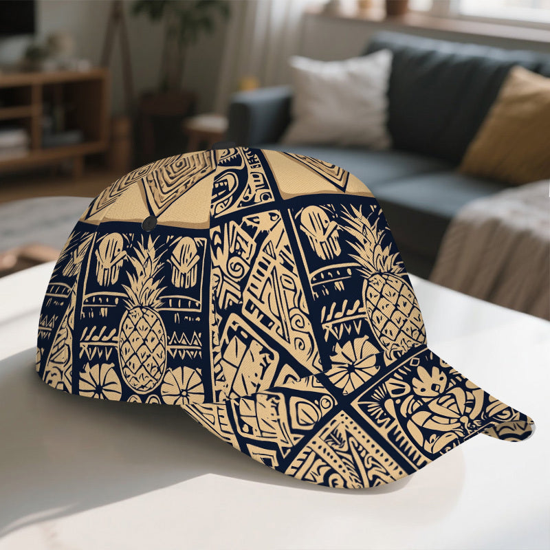 1pc Vibrant Tropical Tribal Symbols Baseball Cap - Adjustable, Comfortable, Lightweight Duckbill Hat with Intricate Pineapple & Leaf Design, Perfect for Outdoor Activities, Casual Headwear|Vibrant Headgear|Polyester Cap