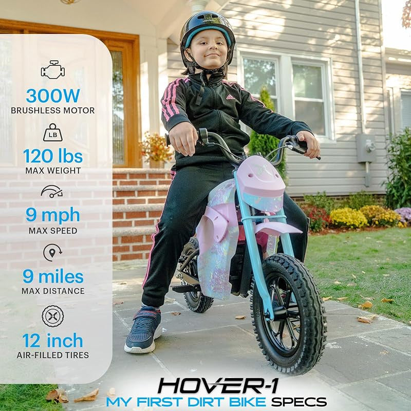 Hover-1 My First Dirt Bike for Kids - 300W Motor, 9MPH Max Speed, 9 Mile Range, 12" Off-Road Tires, 120LB Max Weight, Twist Grip Throttle & Rear Disc Brake Electric Dirt Bike for Kids Ages 5+ Years