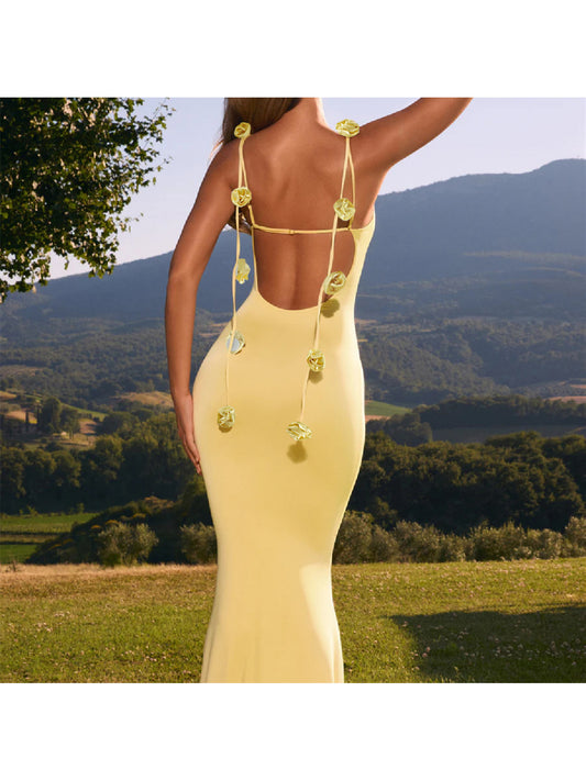 Women's Elegant Backless Evening Gown with 3D Flower Strap - Long Formal Wedding Dress, Prom Dress, Party Dress - Solid Color Round Neck All-Season Hand Washable Dress for Special Occasions