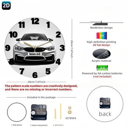 1pc Silent Wall Clock with 2D Car Design – 7.87 Inch Circular Acrylic Decorative Clock, White with Golden Accents, Ideal for Home, Office, Garage, Bar, Café, Garden, Party & Holiday Gift, Clock Wall Decor