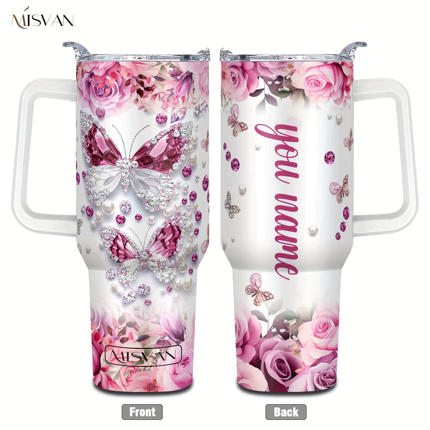 1pc Customized Name Stainless Steel Tumbler | 20oz/22oz/40oz Insulated Water with Lid, Reusable, Round Shape, 304 Stainless Steel, Ideal for Easter, Thanksgiving, Father'S Day, Mother'S Day, Graduation, White Diamond Butterfl