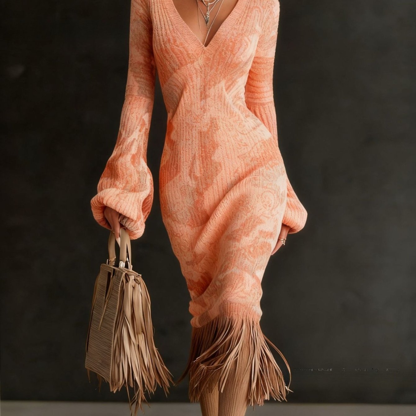 Autumn And Winter New Cross-border European And American Style Flower Dress, Loose V-neck Long Sleeves, Retro Tassel Decoration Exquisite Printing, Skin-friendly Pendant Without Wrinkle, Daily Dating Commuting Versatile Cross