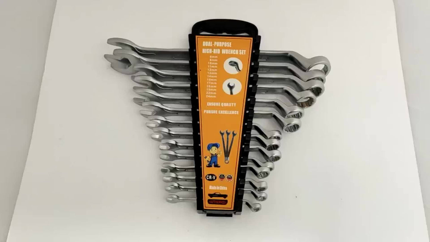 [13pcs Metric Wrench Set] 13pcs Offset Box Wrench Set, Metric Combination Wrench Set 6-24mm | 75° High-Rib, Cr-V Steel, with Rolling up Pouch, for Car, Motorcycle, Bicycle, Repair, Mechanical Tool
