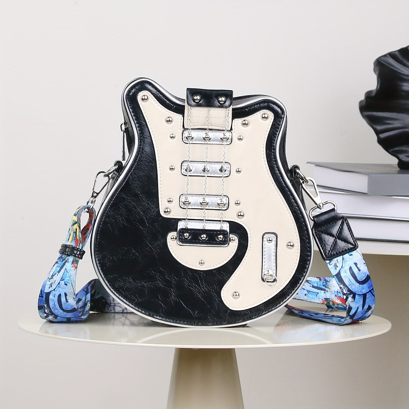 Women's & Unisex Y2K Retro Music-Themed Bass Guitar-Shaped Crossbody Bag with Detachable Strap, Golden-Tone Hardware & Zipper Closure - Band Style Handbag for Musicians & Music Lovers (Red/Black) - 2024 New Design with Chain