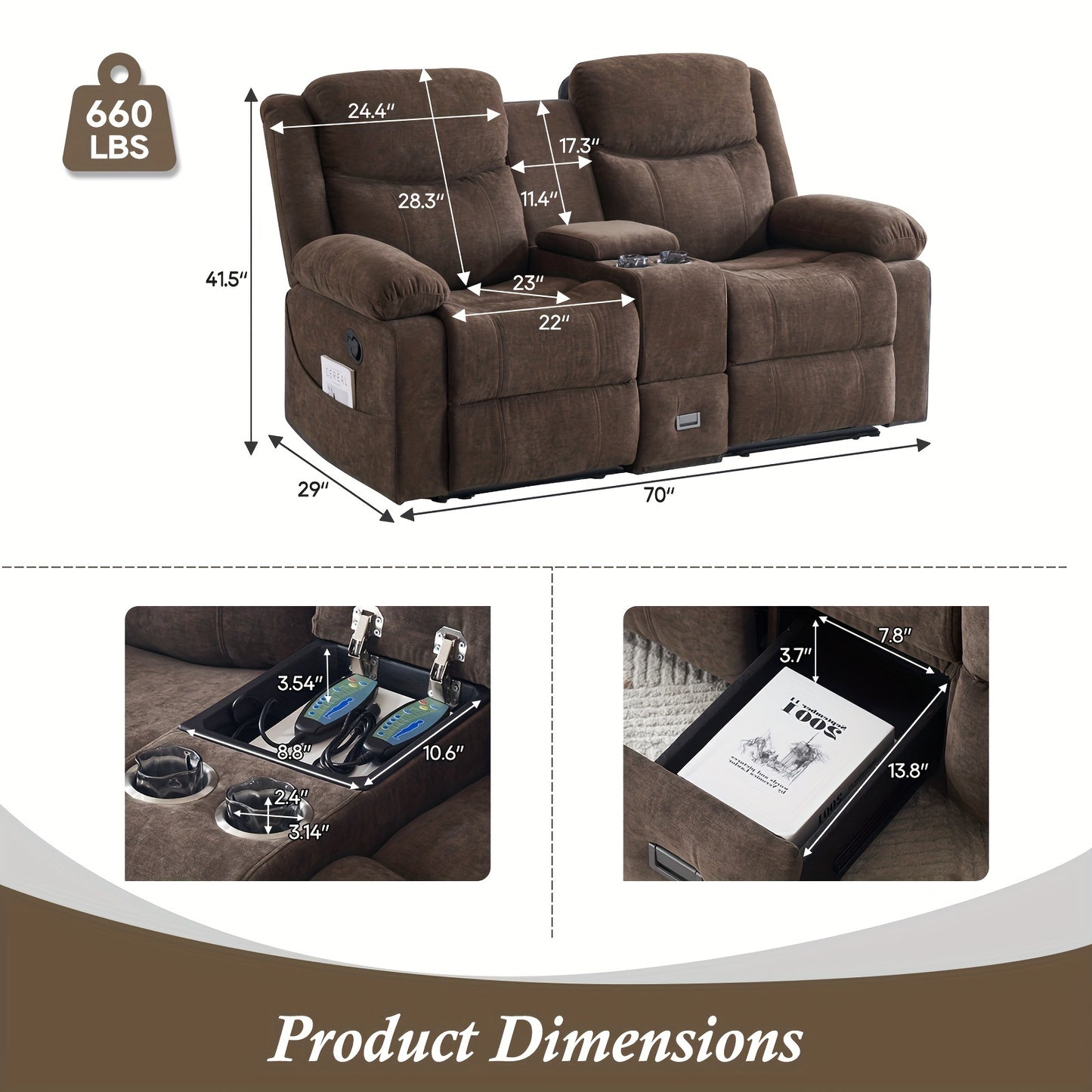 Consofa Loveseat Recliner Sofa - Manual Recliner Loveseat With Console, Modern Chenille Sofa Sleeper Deep Couches With Cup Holders And Side Pocket - Brown - For Living Room/Office/Apartment - Perfect for Relaxation and Entert