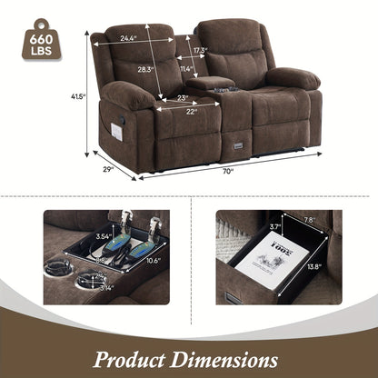Consofa Loveseat Recliner Sofa - Manual Recliner Loveseat With Console, Modern Chenille Sofa Sleeper Deep Couches With Cup Holders And Side Pocket - Brown - For Living Room/Office/Apartment - Perfect for Relaxation and Entert
