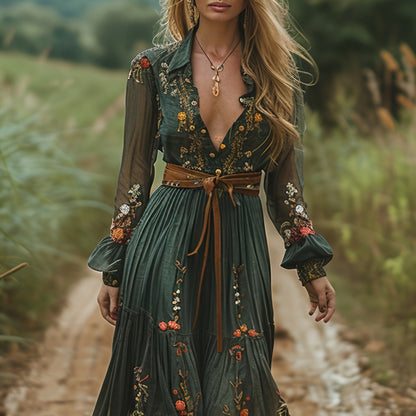 [Bohemian Style]Elegant Women's Round Neck Dress- Long Sleeve with Faux Drawstring Waist, High-Low Hem, Suitable for Spring, Summer, and Autumn, Casual and Elegant| High Waist Dress| Polyester fabric- belt not included, Autum