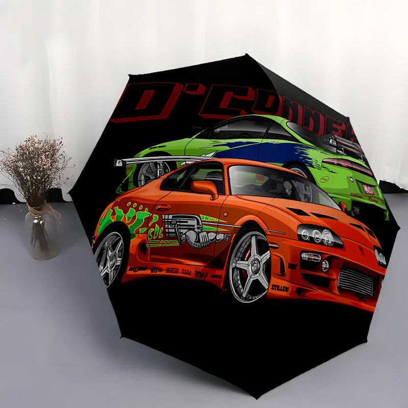 Automatic Folding Umbrella with Racing Car Design - 8-Rib Windproof Portable Travel Umbrella, Durable Plastic & Iron, Black with Colorful Car Graphics, Ideal for Holiday Gifts, Travel Umbrella, Stylish Accessory, Sturdy Const