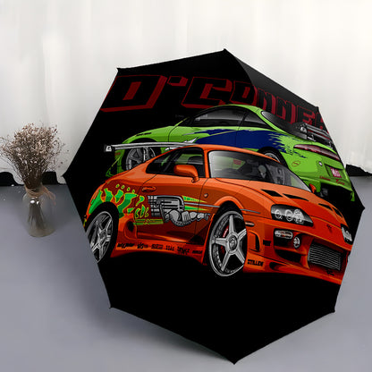 Automatic Folding Umbrella with Racing Car Design - 8-Rib Windproof Portable Travel Umbrella, Durable Plastic & Iron, Black with Colorful Car Graphics, Ideal for Holiday Gifts, Travel Umbrella, Stylish Accessory, Sturdy Const