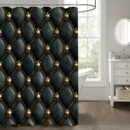 Set of 4 Luxurious Black And Golden Shower Curtains Featuring an Intricate Button Design - Comes with a U-Pad, Cover Cap, And Two Hooks - Made from Polyester, Measuring 31.5X31.5inch, Perfect for Elegant Bathroom Decor, Styli