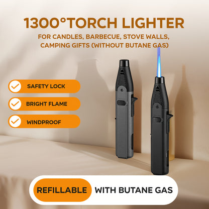 1300° Torch Lighter Featuring a Blue Flame And Safety Lock, a Bright Flame Lighter That Is Refillable with Butane Gas, Designed for Outdoor Use with Windproof Jet Flame, Comes in Gift Box Packaging, Ideal for Candles, Bbqs,