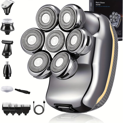 Men's Electronic Head Shaver Razor - Rechargeable Cordless Hair Shaving Razors For Bald Man 6 In 1 Wet Dry Beard Trimmer Body Hair Cutting Clipper Grooming Kit 7 Rotary Heads
