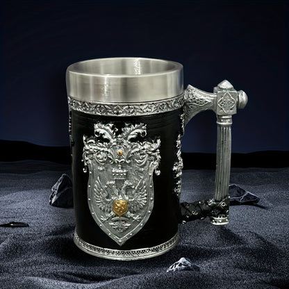 Stainless Steel Resin Relief Cup - Medieval Beer Mug, 1pc, 20.29oz - Vintage German Creative Large Tankard - Non-Slip, Reusable, Multi-Purpose - for Home, Kitchen, Bar, Christmas, Halloween Gift