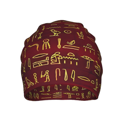 BIIHUDU Men's Egyptian Hieroglyphic Beanie Hat - Ancient Egypt Themed Textile with Symbol & Pharaoh Design, Red/Black/Brown/ Colors, Cultural History Accessory for Costumes, Themed Parties & Casual Attire