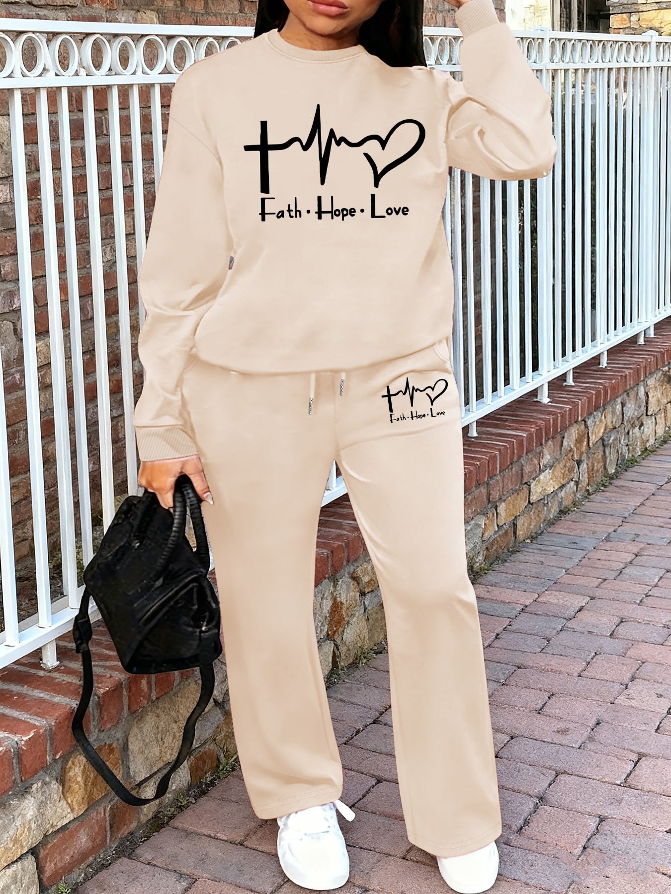 Women'S Casual Crew Neck Sweatshirt and Straight-Leg Pants Two-Piece Set with "Faith Hope Love" Print, Fleece-Lined, Drawstring Waist, All-Season, Comfortable Outfit For Casual Attire, Comfortable Clothing | Crew Neck Sweatsh