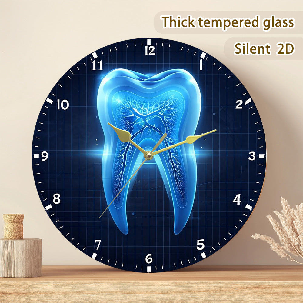 1pc Tooth X-ray Perspective Creative Glass Wall Clock, 11.81-inch Silent Quartz Movement, Non-Luminous Tempered Glass, Tooth Perspective Design, Battery Powered (AA Not Included), Soft Glow Effect, Ideal for Home Decor, Clini