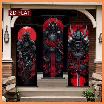 Black and Red 3pcs Set of Japanese Samurai Battle Scroll/Hanging Scrolls, Oriental Classical Style Decorative Art with Armor & Weapon Elements, Symmetrical Composition and Metal Ornament Details, Suitable for Living Room, Tea