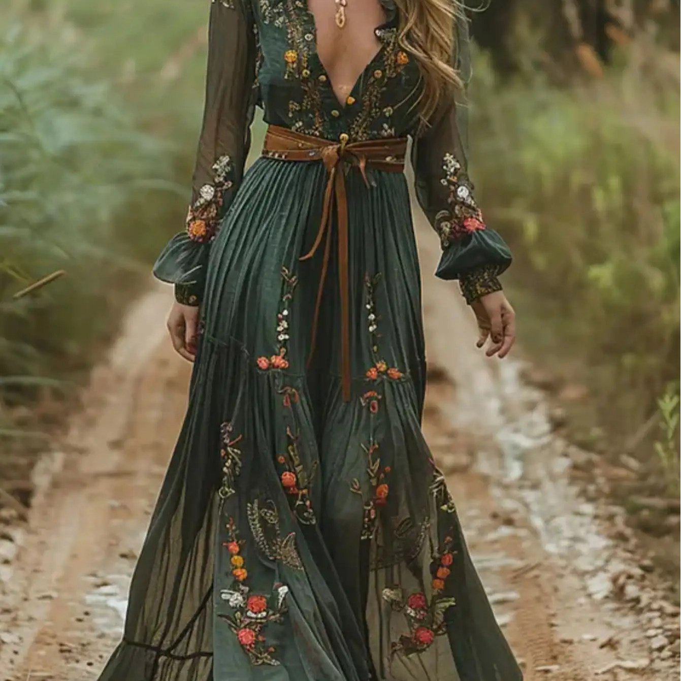 [Bohemian Style]Elegant Women's Round Neck Dress- Long Sleeve with Faux Drawstring Waist, High-Low Hem, Suitable for Spring, Summer, and Autumn, Casual and Elegant| High Waist Dress| Polyester fabric- belt not included, Autum