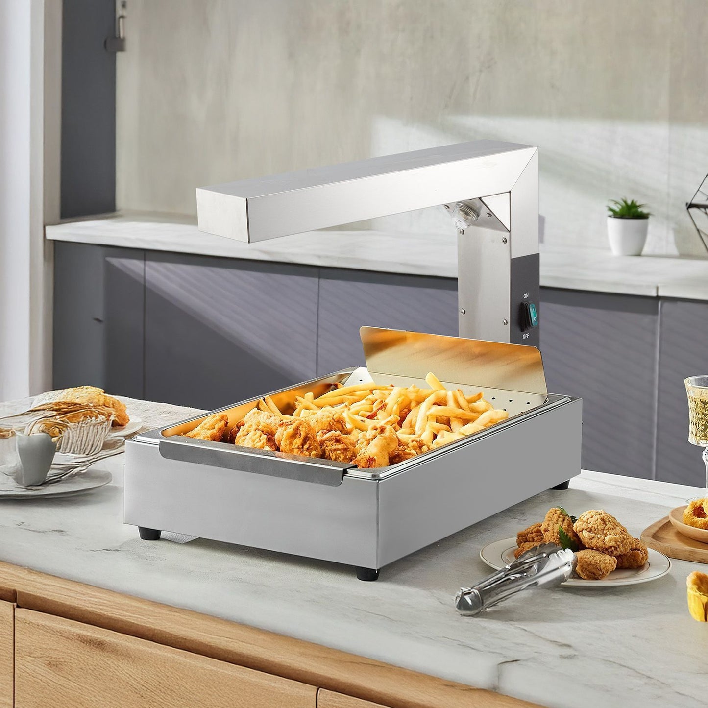 750W Commercial Electric French Fry Warmer with Free-Standing Light & Digital Thermostat Control - Heavy-Duty Stainless Steel Countertop Food Warmer with Spacious Heating Chamber, 120V Plug-In Operation for Restaurants, Parti