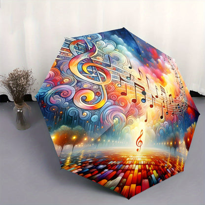Automatic Open/Close Umbrella with Musical Notes & Treble Clefs - Windproof 8-Rib Compact Folding Umbrella, Portable Collapsible Design with One-Touch Button, All-Season Use for Musicians, Music Lovers - Ideal Christmas/Birth