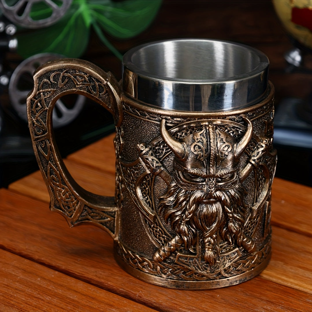 A Viking relief mug, a medieval European Viking beer mug made of stainless steel, with a large capacity of 20.3oz, a powerful Viking warrior coffee cup, a bar specialty cup, and a gift giving for daily life