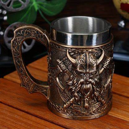 A Viking relief mug, a medieval European Viking beer mug made of stainless steel, with a large capacity of 20.3oz, a powerful Viking warrior coffee cup, a bar specialty cup, and a gift giving for daily life