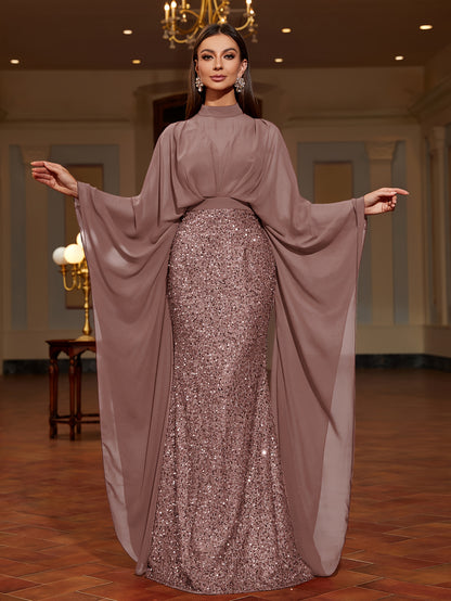 A Stand-Collar Chiffon Dress with Sequins, an Elegant And Stylish Long Dress for Women, Perfect for Parties, New Style for 2025, Evening Gown for Women, Performance Dress for Hosts, Bridesmaid Dress, Prom Evening Gown, Concer