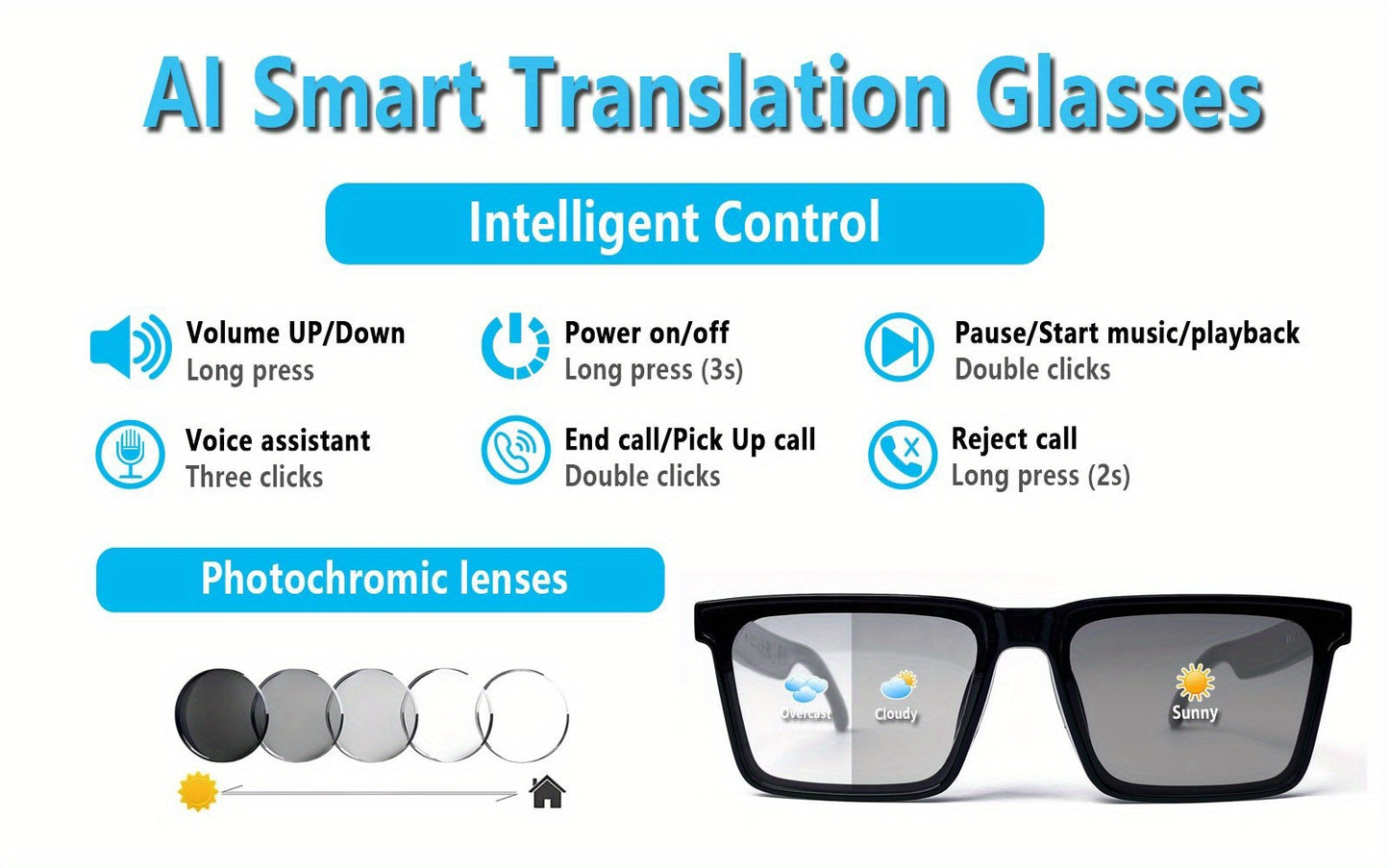 AI Translation Smart Glasses with 160+ Languages Support, Built-in, Charging, Photochromic Lens & Voice Call/Music/Translation - Real-Time Language Interpreter, Smart Glasses for Men & Women,, Driving, Office, Smart Audio Gla
