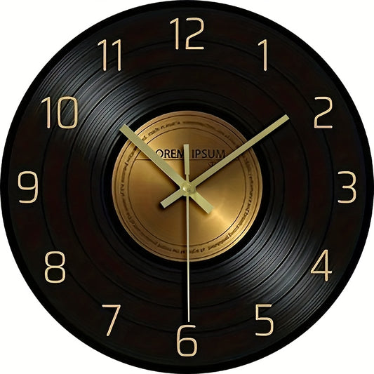 12-inch Glass Silent Wall Clock, Inspired by Vinyl Records - Black and Golden, Suitable for Living Room, Bedroom, and Office Decor | Elegant Timer, Battery Not Included, Office Wall Clock | Decorative Hanging Clock | Silent M