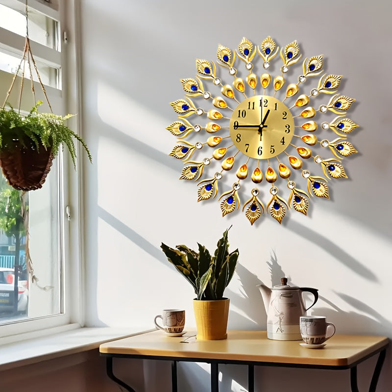 Elegant Peacock Pattern Metal Silent Wall Clock - Modern Minimalist Quartz Movement, No Ticking Sound, Auto Shut-Off, Round Metal Wall Clock with & Golden Peacock, For Living Room, Bedroom, Peacock Decor, Bedroom Accessory, H