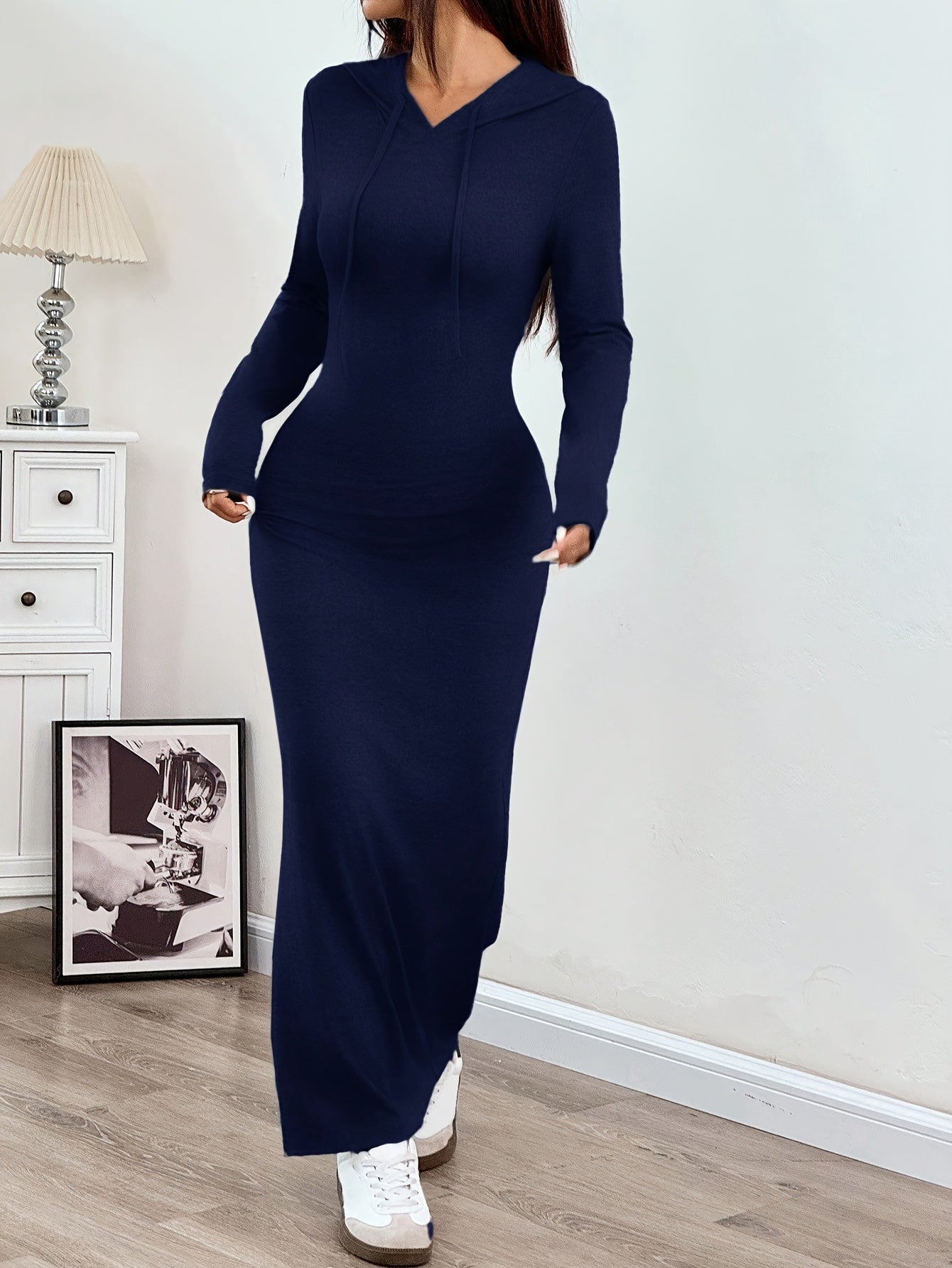 Spring and Autumn New Hooded Long Cross Knee Casual Fashion Dress | Solid Color, Long Sleeve, Bodycon Fit, Slit Hem
