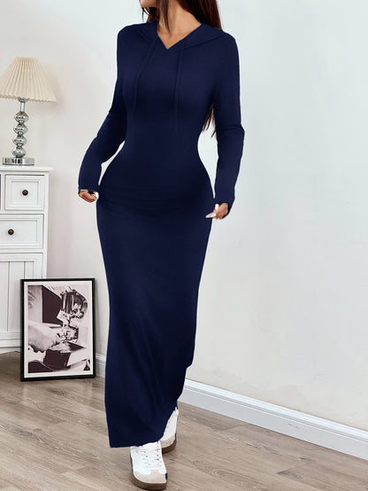 Spring and Autumn New Hooded Long Cross Knee Casual Fashion Dress | Solid Color, Long Sleeve, Bodycon Fit, Slit Hem