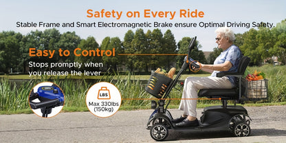 New 4-Wheel Mobility Scooter, 250W Motor, 5.6MPH Speed, 24V 12AH Battery, Solid 8"x3" Tires, Rearview Mirrors, Dual Baskets, Foldable & Adjustable Design, Easy To Control, Ideal For Daily Use And Outdoor Adventures, Blue