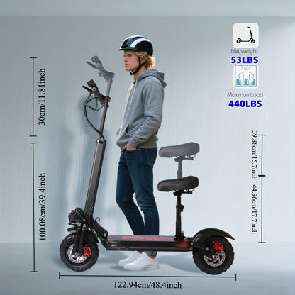 UNQYX Electric Scooter, 48V 18Ah Battery, 31-Mile Range, 440 Lbs Capacity, Removable Seat, 11" Off-Road Wide Tires, Dual Suspension, Disc Brakes, Capable Of Climbing 30-degree Inclines, Foldable All-Terrain Aluminum Alloy Fra