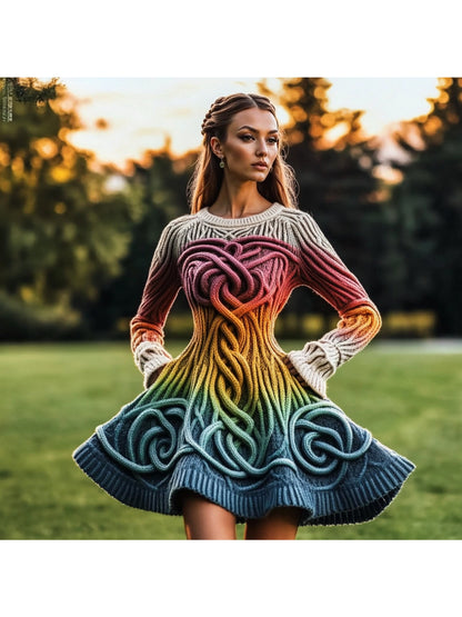 Plus Size - Autumn and Winter New Dress | Casual Versatile Temperament Fashion Slim Retro Fried Dough Twists Long Sleeve Women'S Wear, Midi Length, Slight Stretch Fabric, Lapel Collar, Weekend Casual Style.