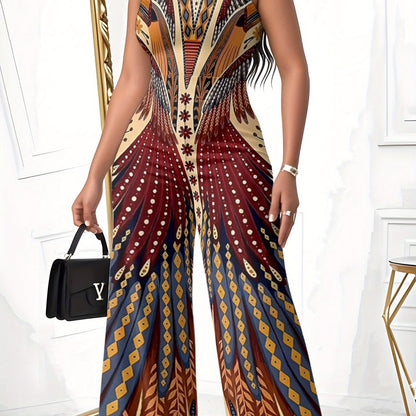 A Stylish Women'S Jumpsuit Featuring a Vibrant Print, Designed to Be Form-Fitting And Alluring, Made from a Light And Comfy Fabric, Perfect for Beach Trips, Summer Getaways, And Casual Outdoor