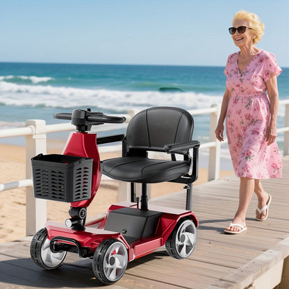 HOMYKING Red Travel-Friendly HOMYKING Foldable 4-Wheel Electric Scooter, 250W Power + Dual Suspension, 15 Miles Range + Front Brake, Detachable Basket + Front Light, for Adults/Elders, 265lbs Capacity, Foldable Scooter, Mobil