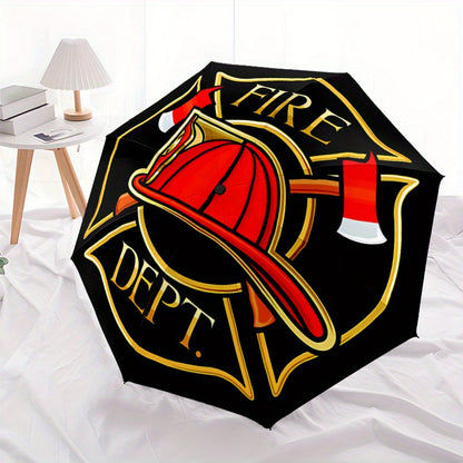 Automatic Opening/Closing Fire Dept Umbrella with Firefighter Badge Emblem (FD Badge) - 8-Rib Heavy-Duty Black & Firefighter Accessory, Portable All-Weather Umbrella for Emergency Services, & Fire Department Style