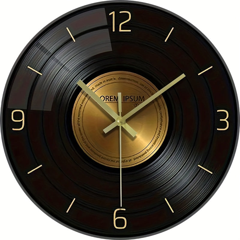 12-inch Glass Silent Wall Clock, Inspired by Vinyl Records - Black and Golden, Suitable for Living Room, Bedroom, and Office Decor | Elegant Timer, Battery Not Included, Office Wall Clock | Decorative Hanging Clock | Silent M