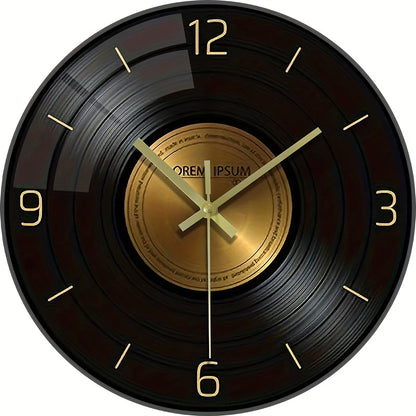 12-inch Glass Silent Wall Clock, Inspired by Vinyl Records - Black and Golden, Suitable for Living Room, Bedroom, and Office Decor | Elegant Timer, Battery Not Included, Office Wall Clock | Decorative Hanging Clock | Silent M