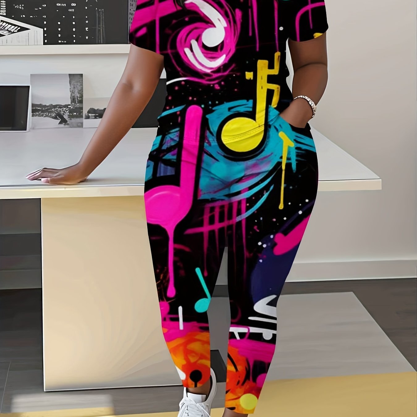 Women's Plus Size Music-themed Print Jumpsuit - Stretchy Polyester All-over Neon & Pastel Music Note & Sound Wave Design, Short Sleeve Round Neck Romper with Pants, Casual & Comfortable Outfit Fo